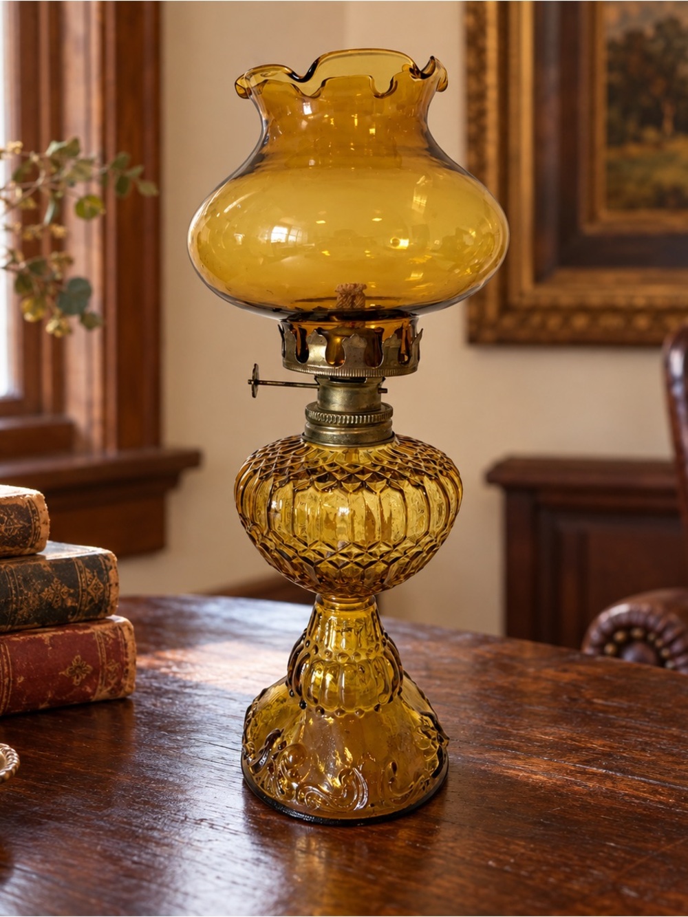 Amber Glass Oil Lamp Accent - Vintage-Style Home Accent